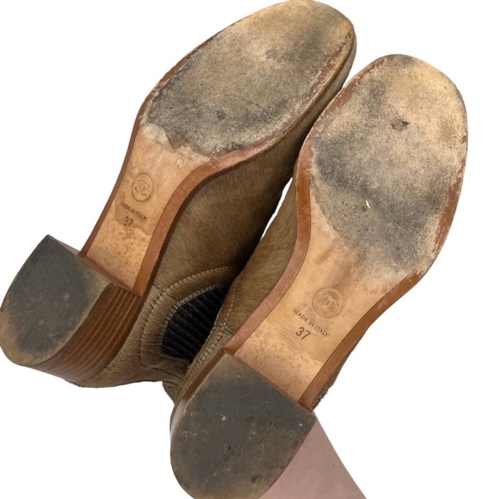 Chanel Pony Hair Block Heel Ankle Booties Tan Boots EU 37 US 7 - Picture 7 of 10